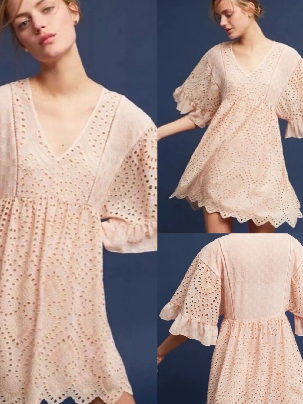 ANTHROPOLOGIE Akemi+Kin Brooke Eyelet Baby Doll Dress Size 10 Pale Pink No Liner